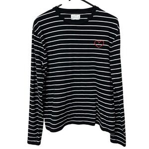 ISA & ELLA Black White Striped Long Sleeve Shirt Red Heart Detail Women's Size M